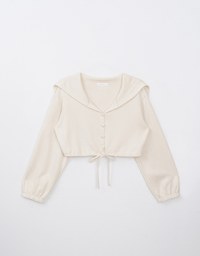 Sailor Collar Neck Drawstring Button Up Top