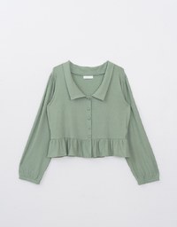 Solid Ruffle Hem Ribbed Knit Blouse