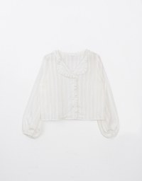 Collared Sheer Striped Ruffle Blouse