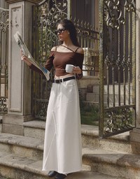 Frayed A Line Jeans Denim Maxi Skirt (Includes Belt)