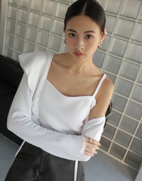 Big Collar Long Sleeve Open Front Tie Up Shirt With Thin Strap Cami Top Set Wear