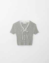 Lace Trim Knit Top With Ribbon Bow