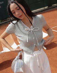 Lace Trim Knit Top With Ribbon Bow