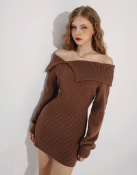 Off Shoulder Ribbed Waist Cinched Knit Mini Dress