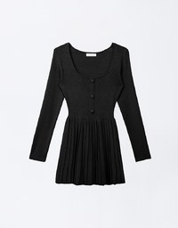 Long Sleeve A Line Pleated Knitted Mini Dress