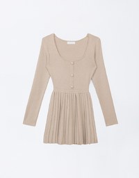 Long Sleeve A Line Pleated Knitted Mini Dress