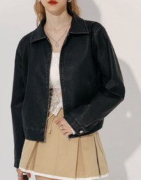 Vintage Distressed Faux Leather Zip Jacket