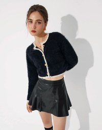 Colorblock Fluffy Faux Minkn Fur Jacket with Gold Buttons