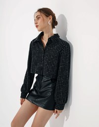 Classic Plaid Wool Long Sleeve Jacket With Collar Design