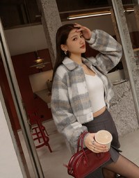 Plaid Button Front Woolen Jacket With Collared Neck