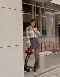 Plaid Button Front Woolen Jacket With Collared Neck