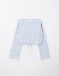 V Neck Drawstring Knit Top