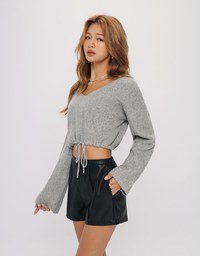 V Neck Drawstring Knit Top