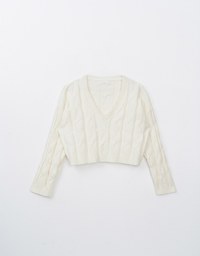 Long Sleeve Solid V Neck Cable Knit Top