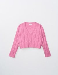 Long Sleeve Solid V Neck Cable Knit Top