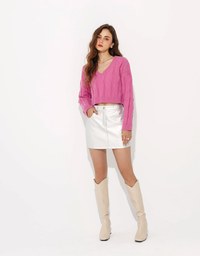 Long Sleeve Solid V Neck Cable Knit Top