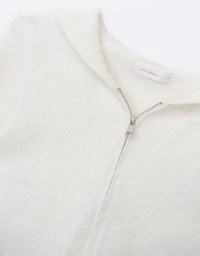 Lettering Fluffy Knit Hooded Crop Zip Cardigan