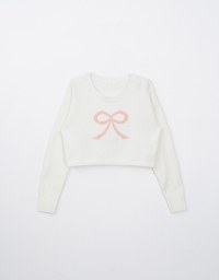 Long Sleeve Bow Pattern Crop Knit Top