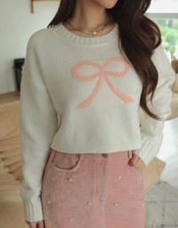 Long Sleeve Bow Pattern Crop Knit Top