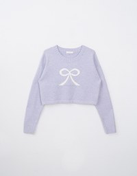 Long Sleeve Bow Pattern Crop Knit Top