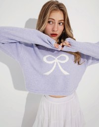 Long Sleeve Bow Pattern Crop Knit Top