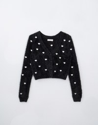 Mohair Heart Embroidered Buttoned Cardigan