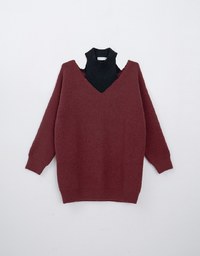 Cold Shoulder Oversized Knit Top With Color Block Design