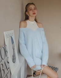 Cold Shoulder Oversized Knit Top With Color Block Design