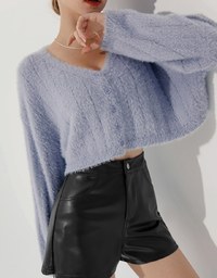 Long Sleeve Fluffy Mohair Ribbed Cropped Top