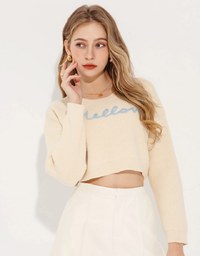 Long Sleeve Mellow Letter Embroidered Knit Cropped Top