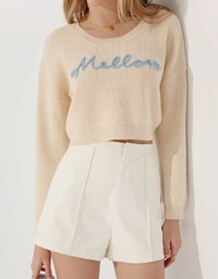 Long Sleeve Mellow Letter Embroidered Knit Cropped Top