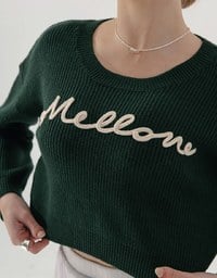 Long Sleeve Mellow Letter Embroidered Knit Cropped Top