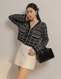 Classic Tweed Knit Cardigan With Button Closure