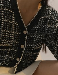 Classic Tweed Knit Cardigan With Button Closure