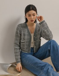 Classic Tweed Knit Cardigan With Button Closure