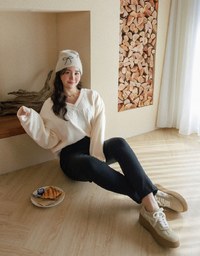 V Neck Lace Letter Embossed Sweatshirt