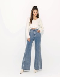 Vintage Fringe Distressed Jeans Denim High Waisted Wide Pants Culottes