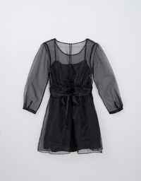 Sheer Back Tie Puff Sleeve Mini Dress