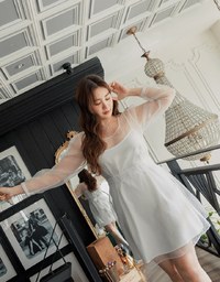 Sheer Back Tie Puff Sleeve Mini Dress