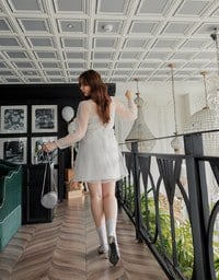 Sheer Back Tie Puff Sleeve Mini Dress