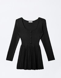 Long Sleeve A Line Pleated Knitted Mini Dress