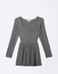 Long Sleeve A Line Pleated Knitted Mini Dress