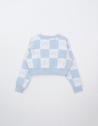 Bow Checkered Knit Cardigan