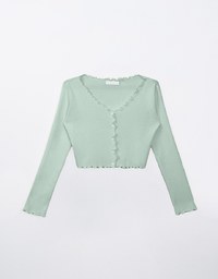 Pearl Button Ruffle Trim Heavyweight Knitted Top