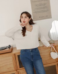 Long Sleeve V Neck Wool Blend Button Up Knitted Top