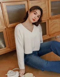 Long Sleeve V Neck Wool Blend Button Up Knitted Top