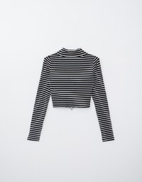 Collared Striped Double Zipper Long Sleeve Top