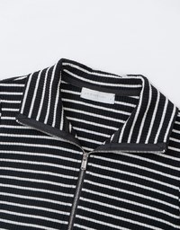 Collared Striped Double Zipper Long Sleeve Top