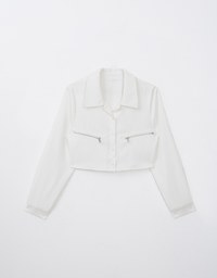 Long Sleeve Button Up Blouse Shirt With Zipper Pocket Details