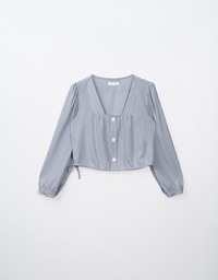 Long Sleeve Square Neck Button Up Side Drawstring Top